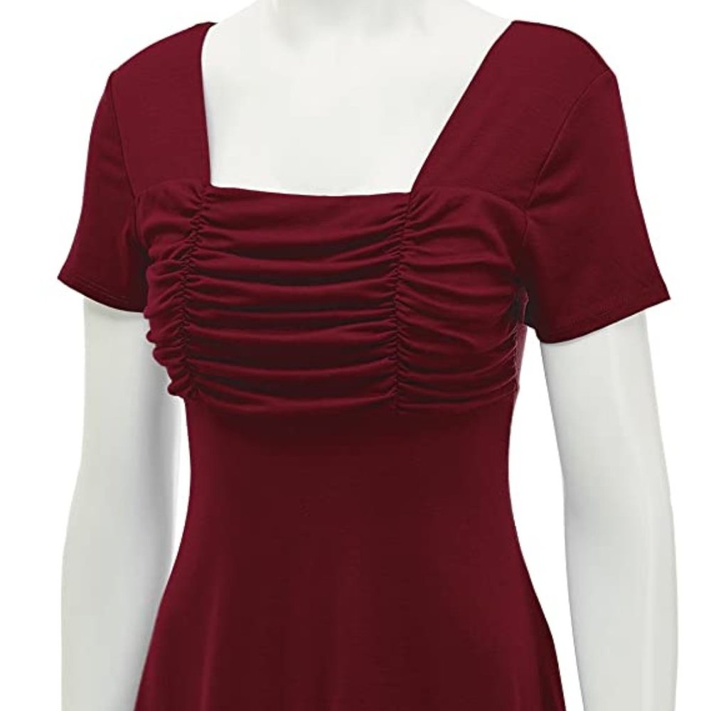 Lock and Love Women Maroon Red Wine Ruched Empire Tunic Top Short Sleeve